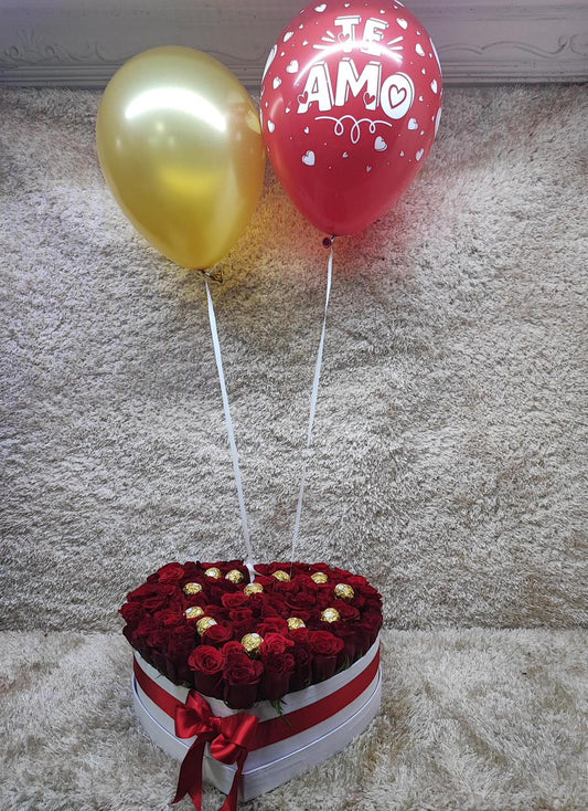 Caja de Rosas con Globos “Te Amo” y Chocolates